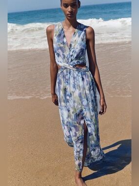 NWT Zara Blue, Green White Floral Metallic Thread Cut Out Dress